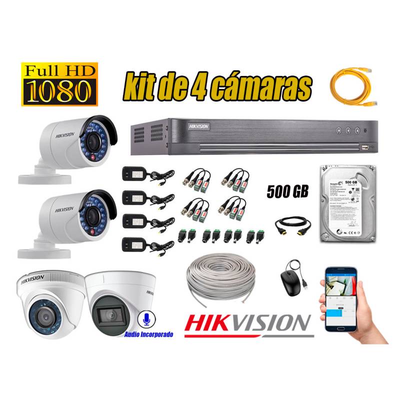 HIKVISION - Kit 4 Cámaras de Seguridad Full HD 1080P 500GB | 01 Cámara con Audio Completo