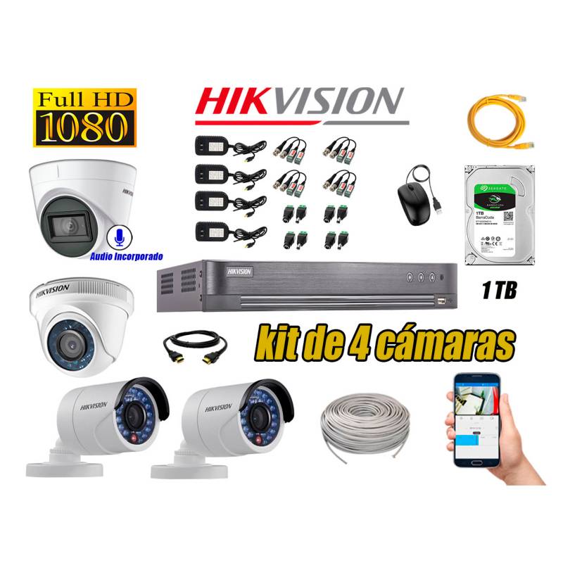 HIKVISION - Kit 4 Cámaras de Seguridad Full HD 1080P 1TB | 01 Cámara con Audio Completo