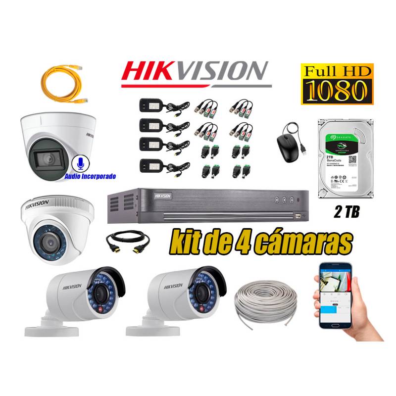 HIKVISION - Kit 4 Cámaras de Seguridad Full HD 1080P 2TB | 01 Cámara con Audio Completo