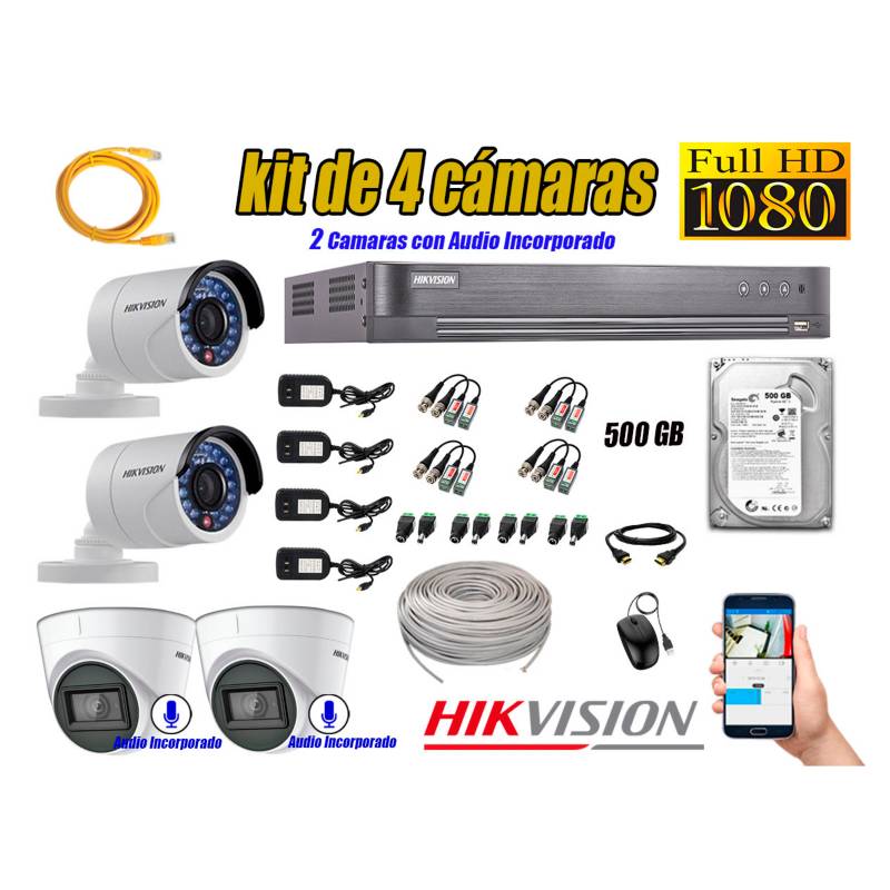 Kit 4 Cámaras de Seguridad Full HD 1080p Disco 500GB Vigilancia + Kit de  Herramientas Gratis