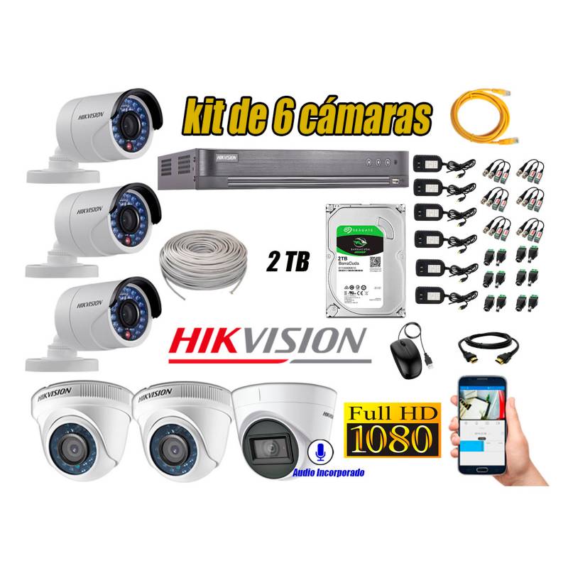 HIKVISION - Kit 6 Cámaras de Seguridad Full HD 1080P 2TB | 01 Cámara con Audio Completo