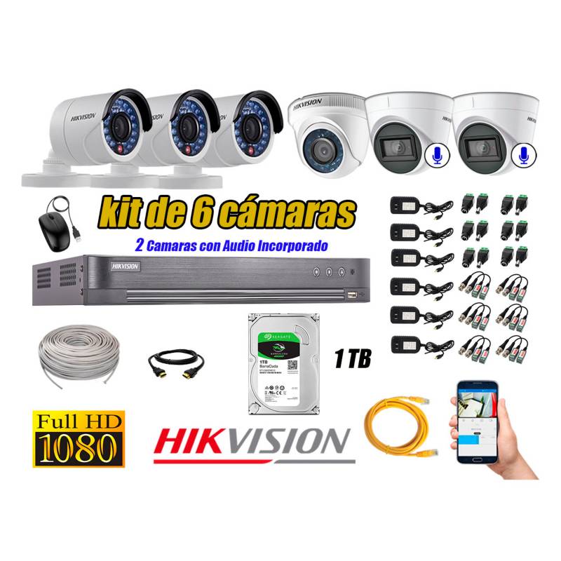 HIKVISION - Kit 6 Cámaras de Seguridad Full HD 1080P 1TB | 02 Cámaras con Audio Completo