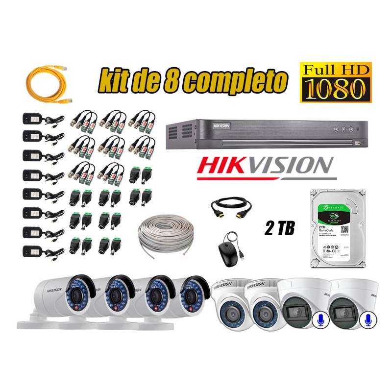 HIKVISION - Kit 8 Cámaras de Seguridad Full HD 1080P 2TB | 02 Cámaras con Audio Completo