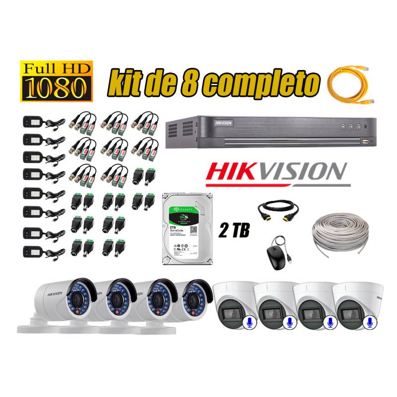 HIKVISION - Kit 8 Cámaras de Seguridad Full HD 1080P 2TB | 04 Cámaras con Audio Completo