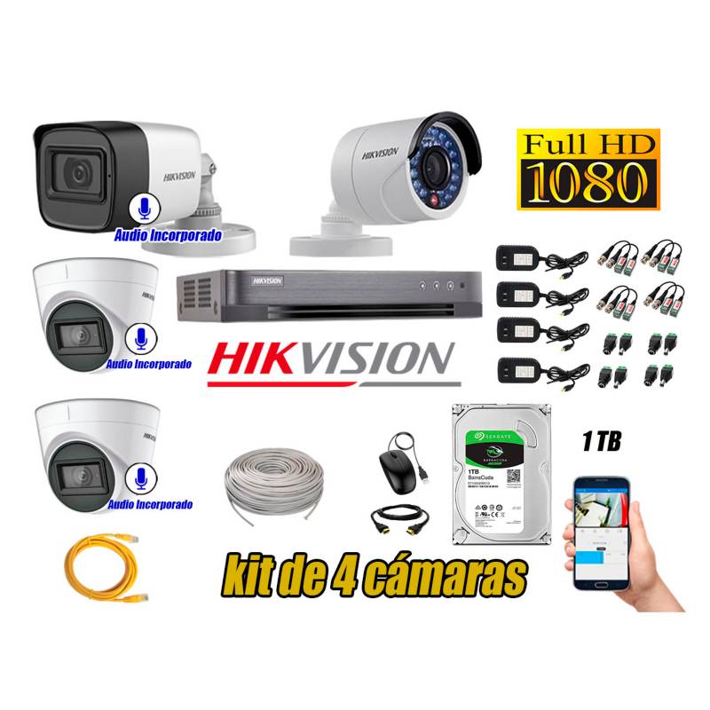 HIKVISION - Kit 4 Cámaras de Seguridad Full HD 1080P | 03 Camaras Con Audio Incorporado
