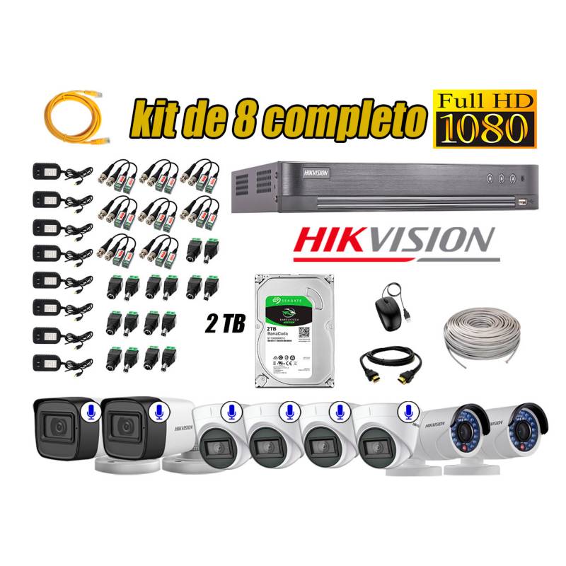 HIKVISION - Kit 8 Cámaras de Seguridad Full HD 1080P | 06 Camaras Con Audio Incorporado P2P