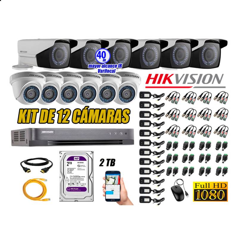 HIKVISION - Cámaras de Seguridad Kit 12 Full HD 2TB WD + Exterior Mayor Alcance Varifocal
