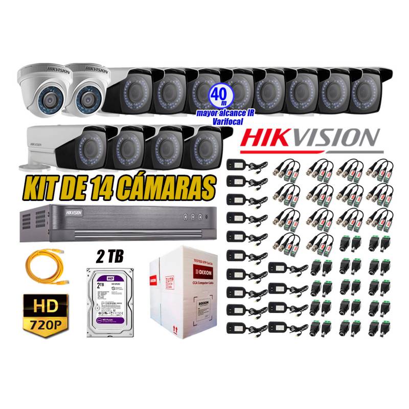 HIKVISION - Cámaras de Seguridad Kit 14 HD 720P 2TB WD + Exterior Mayor Alcance Varifocal 40M Ir