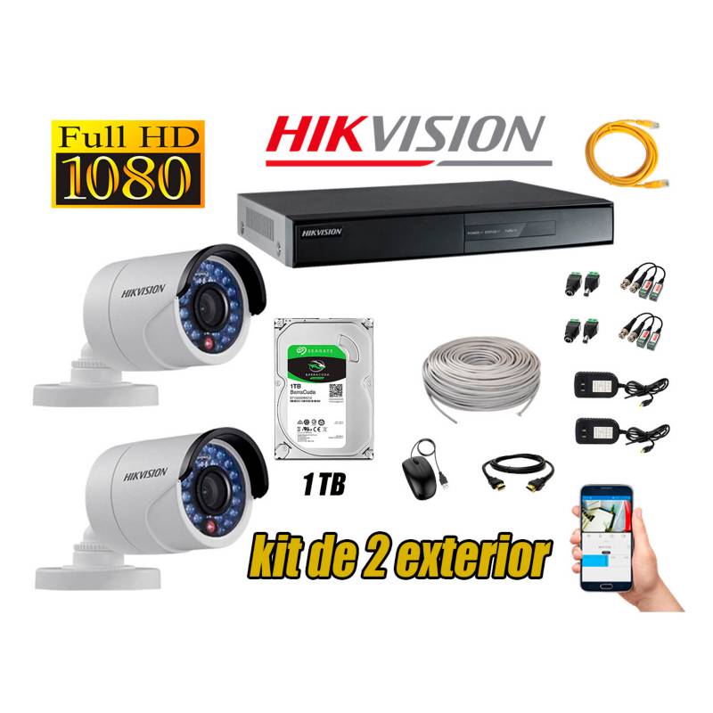 HIKVISION - Cámaras de Seguridad Exterior Kit 2 Full HD 1080P + Disco 1TB WD CCTV