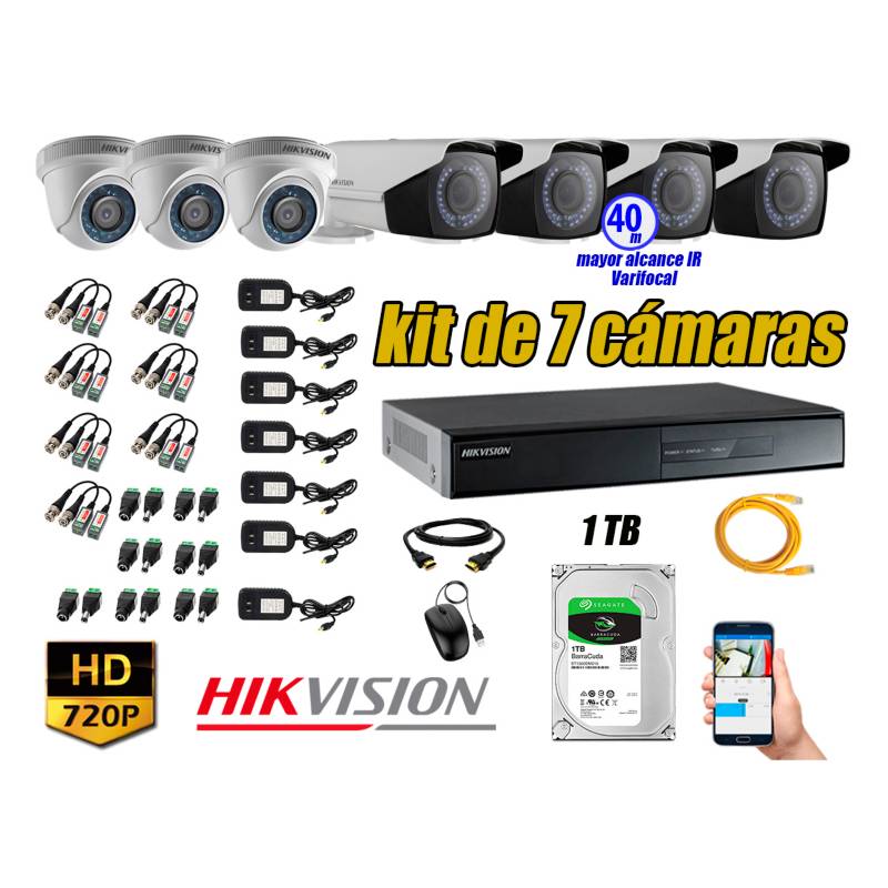 HIKVISION - Cámaras de Seguridad Kit 7 HD 720P 1TB WD + Exterior Mayor Alcance Varifocal 40M Ir