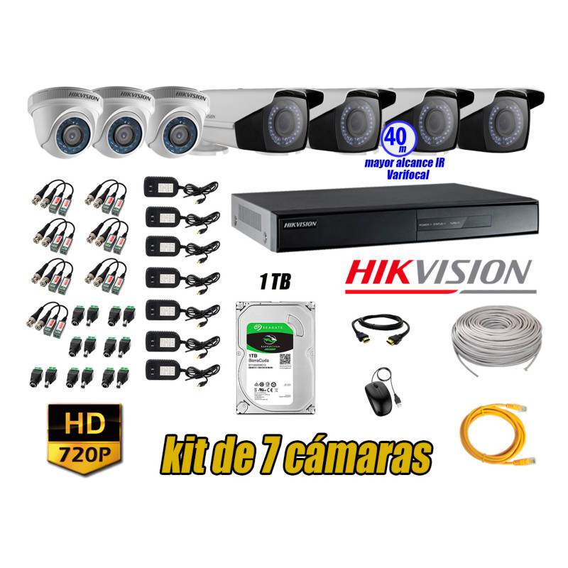 HIKVISION - Cámaras de Seguridad Kit 7 HD 720P 1TB + Exterior Mayor Alcance Varifocal40M