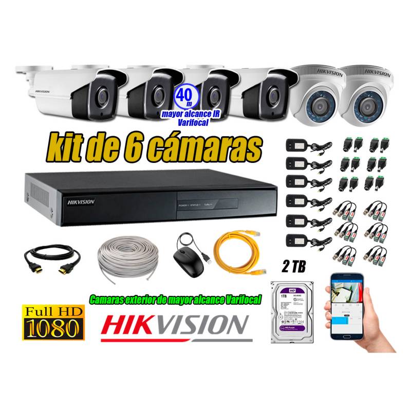 HIKVISION - Cámaras de Seguridad Kit 6 Full HD 2TB WD + Exterior Mayor Alcance Varifocal KIT06-FHD-E051