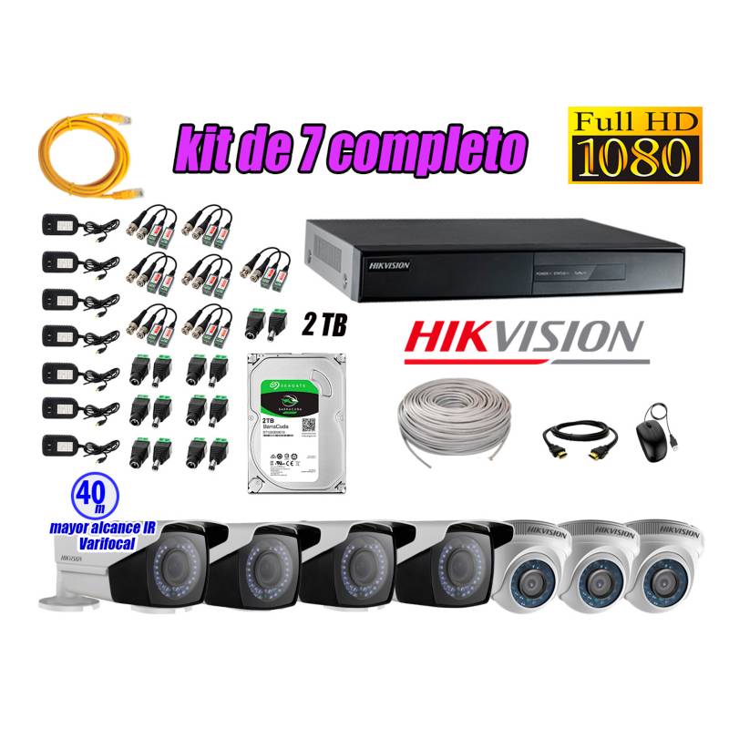 HIKVISION - Cámaras de Seguridad Kit 7 Full HD 2TB + Exterior Mayor Alcance Varifocal