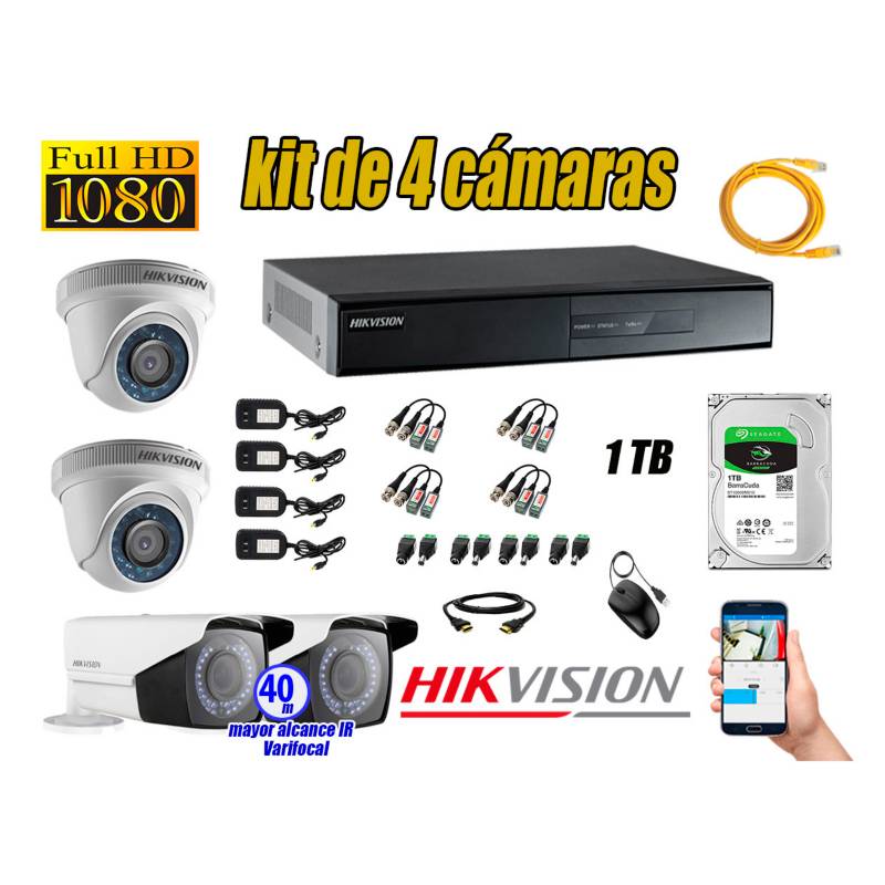 HIKVISION - Cámaras de Seguridad Kit 4 Full HD 1TB WD + Exterior Mayor Alcance Varifocal