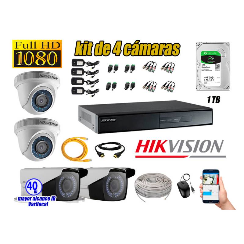 HIKVISION - Cámaras de Seguridad Kit 4 Full HD 1TB + Exterior Mayor Alcance Varifocal P2P