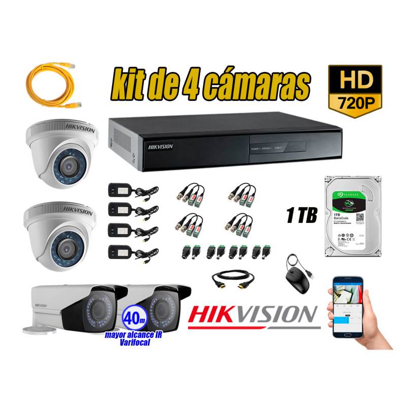 HIKVISION - Cámaras de Seguridad Kit 4 HD 720P 1TB WD + Exterior Mayor Alcance Varifocal40M