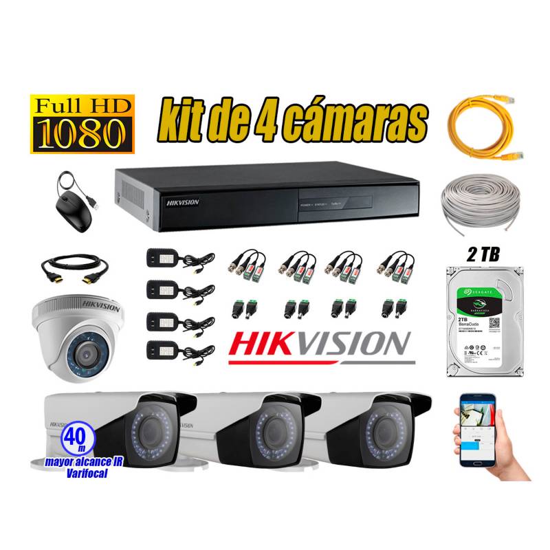 HIKVISION - Cámaras de Seguridad Kit 4 Full HD 2TB WD + Exterior Mayor Alcance Varifocal KIT04-FHD-E011