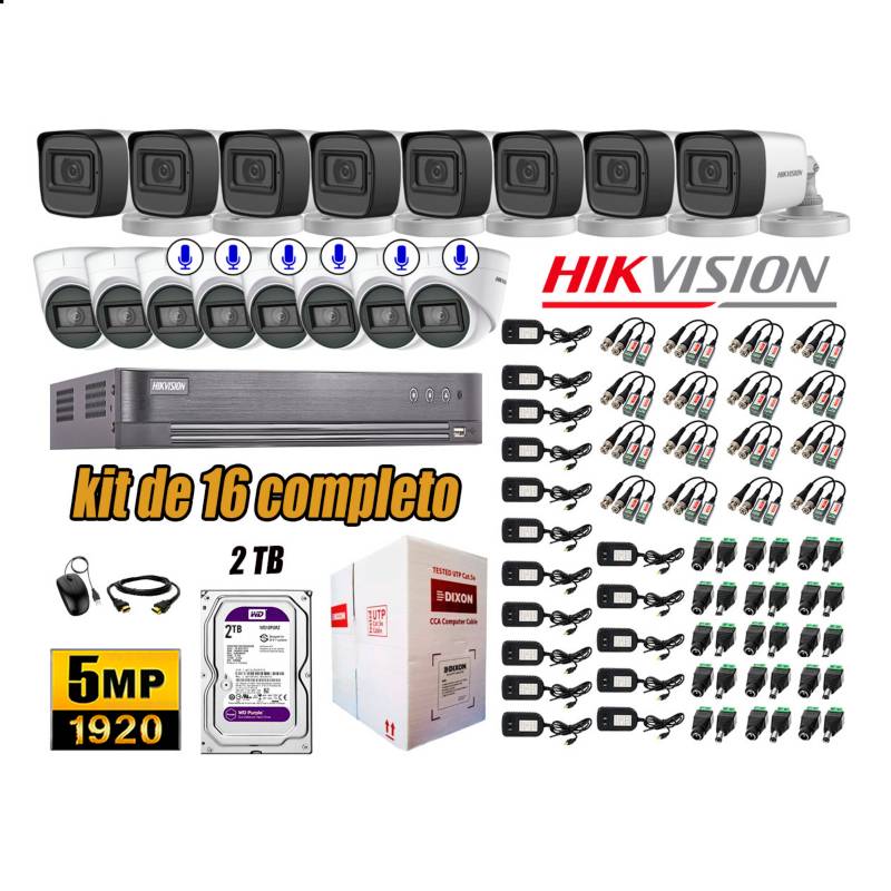 HIKVISION - Cámaras de Seguridad Kit 16 5MP | 06 Camaras Audio Incorporado Disco 2TB WD P2P