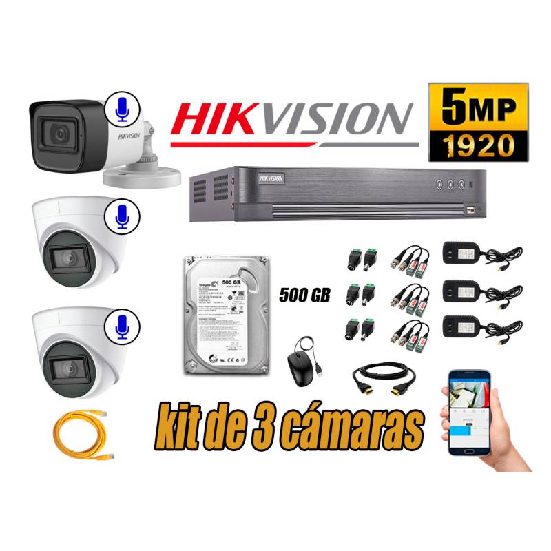 HIKVISION - Kit 3 Cámaras de Seguridad Audio Incorporado 5MP Disco 500GB Completo CCTV