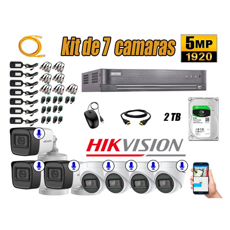 HIKVISION - Kit 7 Cámaras de Seguridad Audio Incorporado 5MP Disco 2TB Completo CCTV P2P
