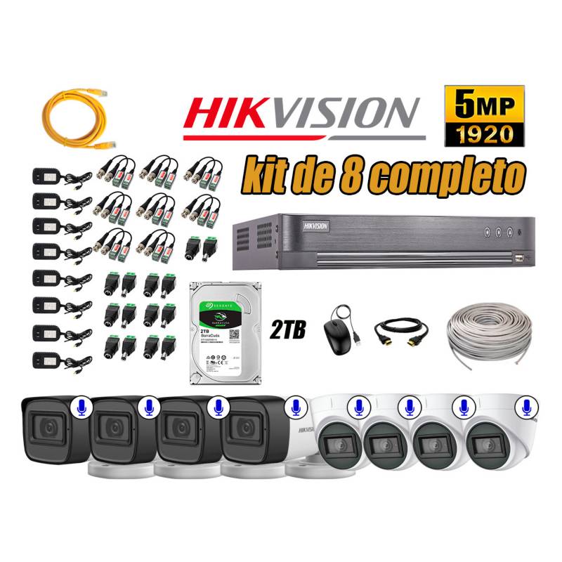 HIKVISION - Kit 8 Cámaras de Seguridad Audio Incorporado 5MP Disco 2TB CCTV