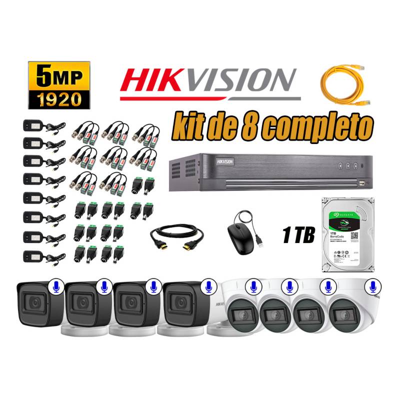 HIKVISION - Kit 8 Cámaras de Seguridad Audio Incorporado 5MP Disco 1TB Completo CCTV P2P