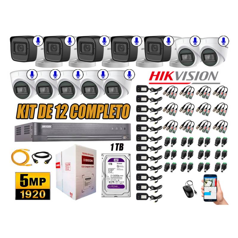 HIKVISION - Kit 12 Cámaras de Seguridad Audio Incorporado 5MP Disco 1TB Completo CCTV