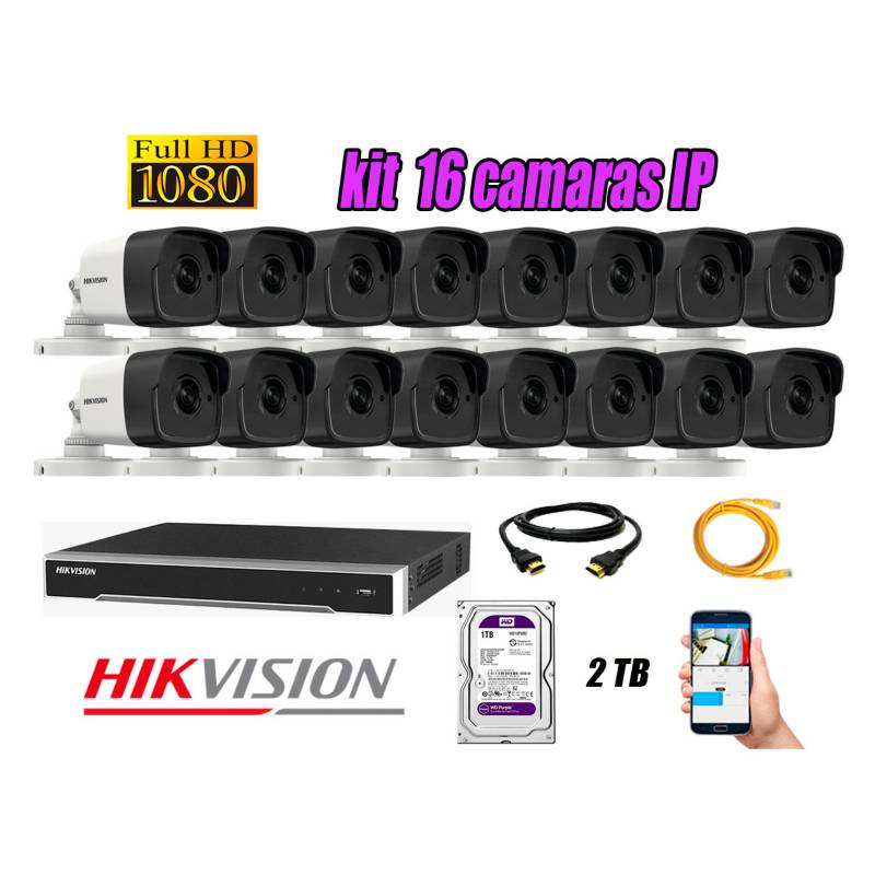 HIKVISION - Camara de Seguridad Ip Poe Full HD 1080P Exterior Kit 16 Disco 2TB WD Purpura