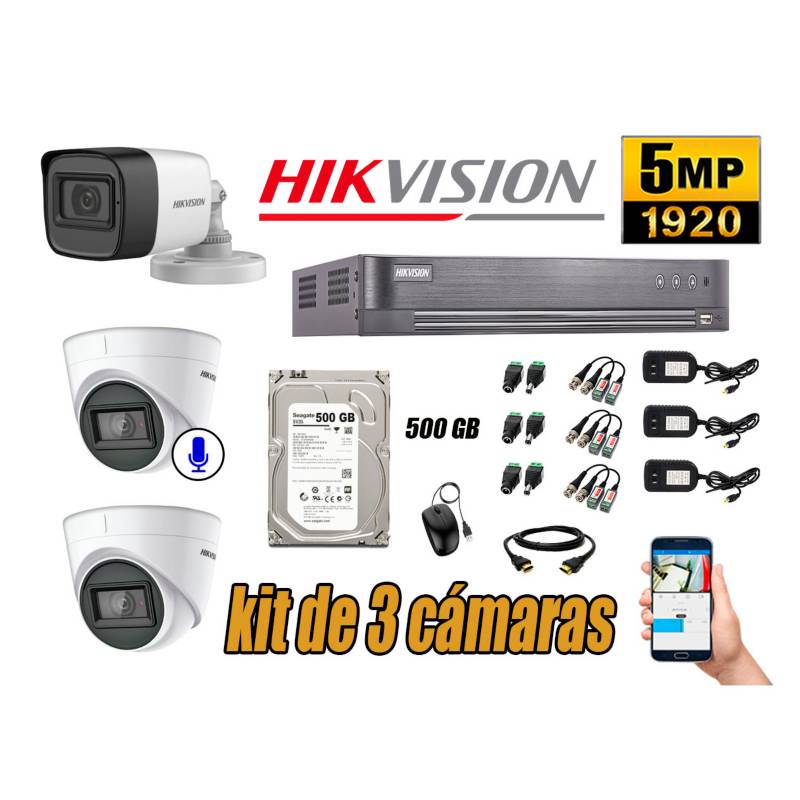 HIKVISION - Cámaras de Seguridad Kit 3 5MP | 01 Camara Audio Incorporado Disco 500GB P2P