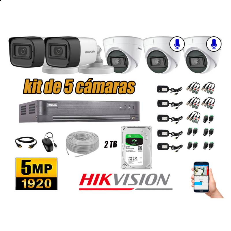 HIKVISION - Cámaras de Seguridad Kit 5 5MP | 02 Camaras Audio Incorporado Disco 2TB WD P2P