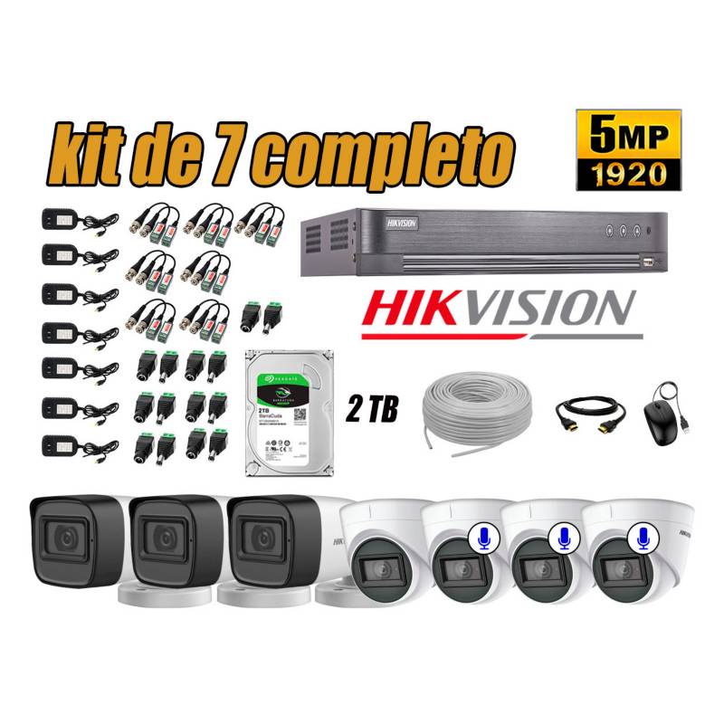 HIKVISION - Cámaras de Seguridad Kit 7 5MP | 03 Camaras Audio Incorporado Disco 2TB WD