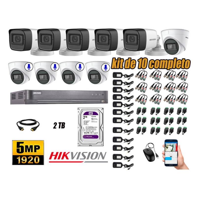 HIKVISION - Cámaras de Seguridad Kit 10 5MP | 05 Camaras Audio Incorporado Disco 2TB WD