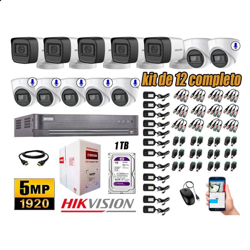 HIKVISION - Cámaras de Seguridad Kit 12 5MP | 06 Camaras Audio Incorporado Disco 1TB WD