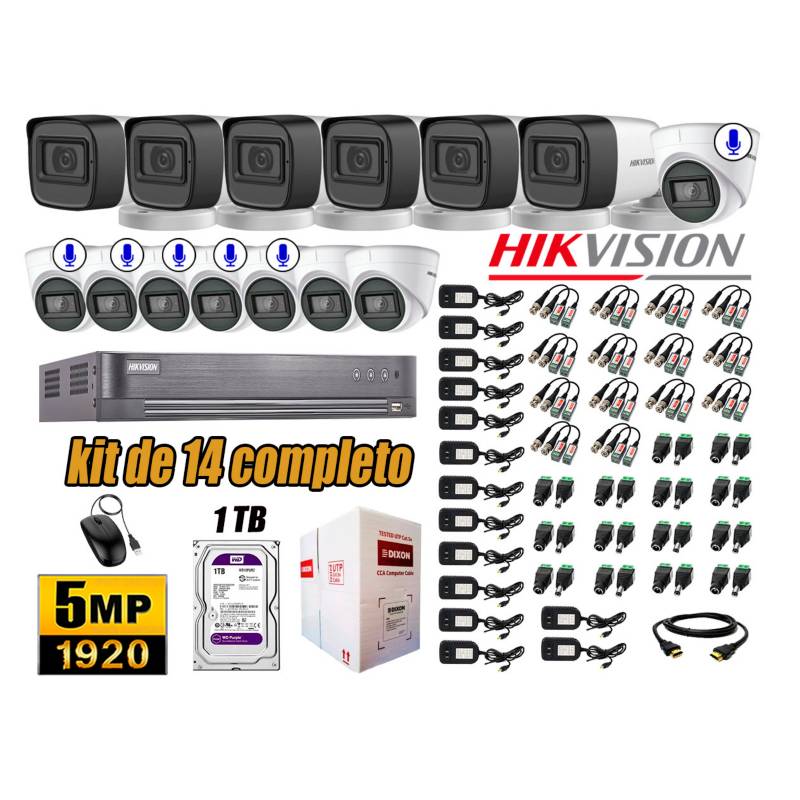 HIKVISION - Cámaras de Seguridad Kit 14 5MP | 06 Camaras Audio Incorporado Disco 1TB WD