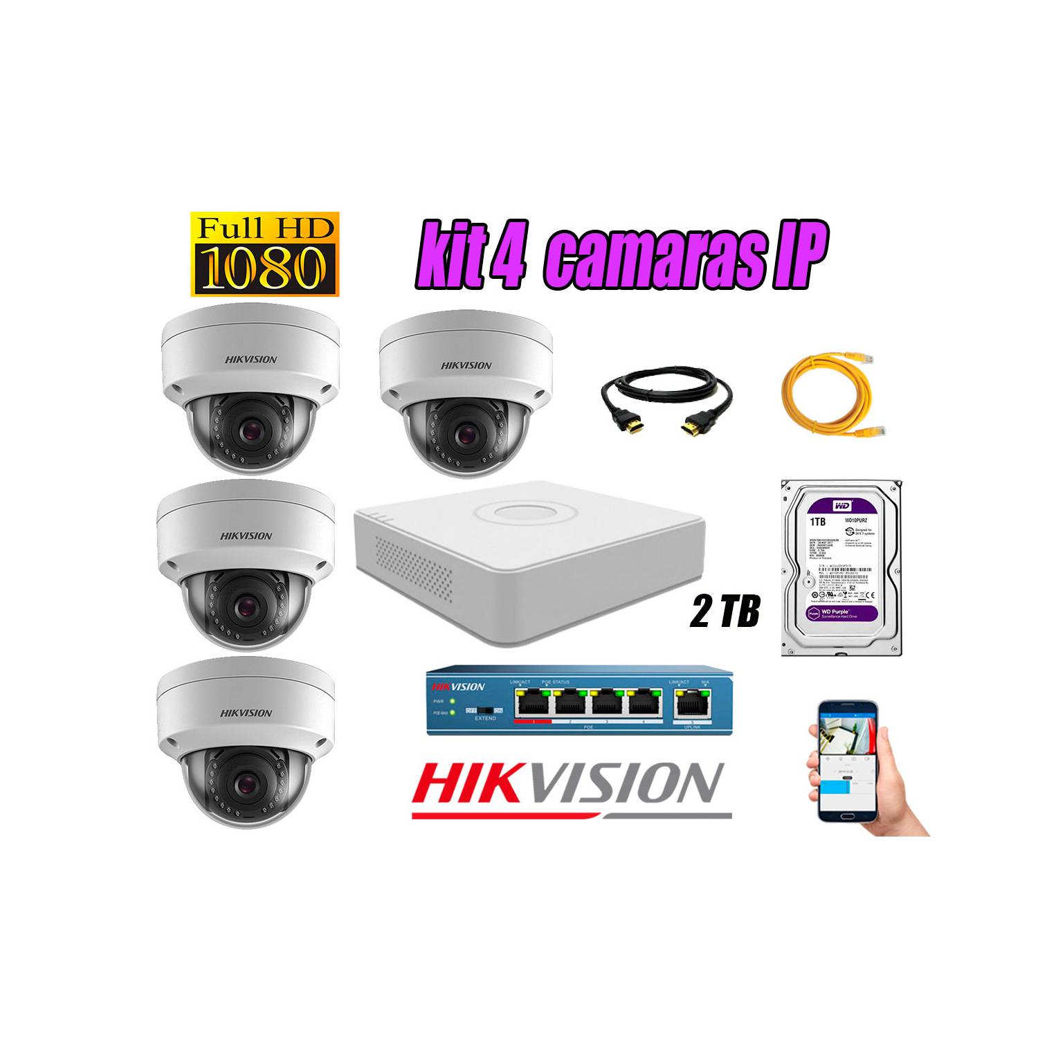 KIT DE VIDEO VIGILANCIA IP CCTV HIKVISION DE 4 CAMARAS FULL HD 1080P DE 2MP