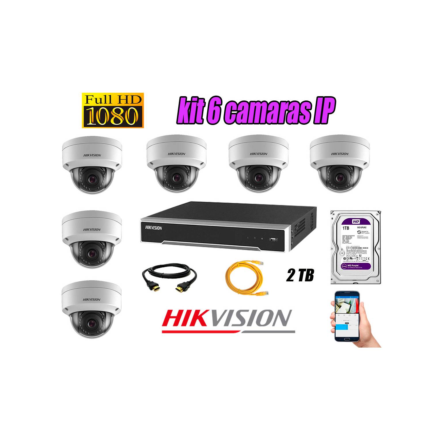 Camara de Seguridad Ip Poe Interior Full HD 1080P Kit 6 Disco 2TB WD  Purpura