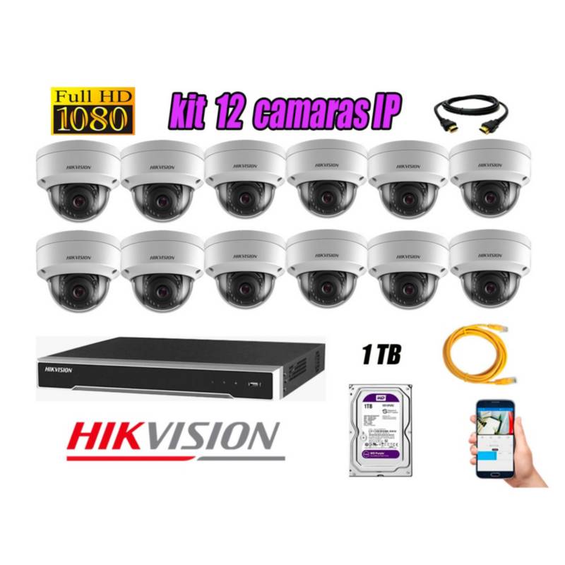HIKVISION - Camara de Seguridad Ip Poe Interior Full HD 1080P Kit 12 Disco 1TB WD Purpura P2P