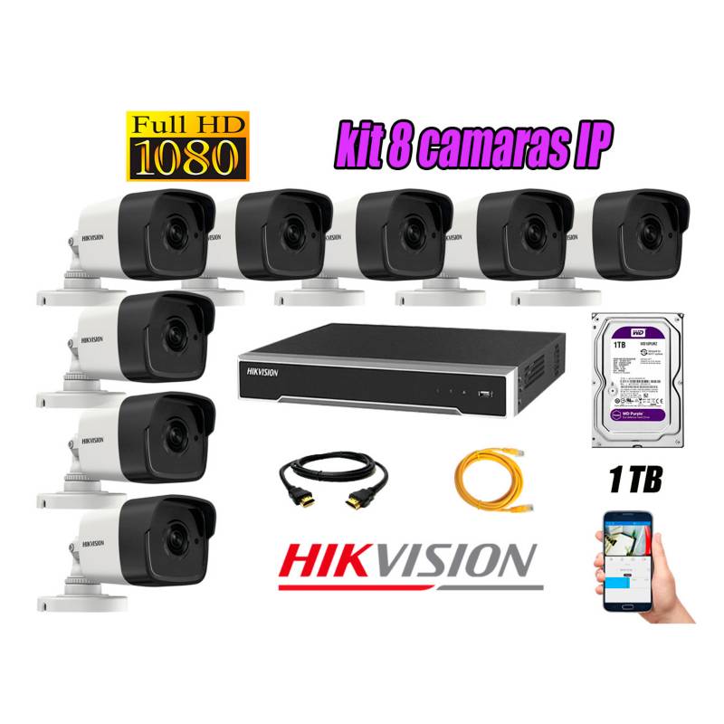 HIKVISION - Camara de Seguridad Ip Poe Full HD 1080P Exterior Kit 8 Disco 1TB WD Purpura P2P