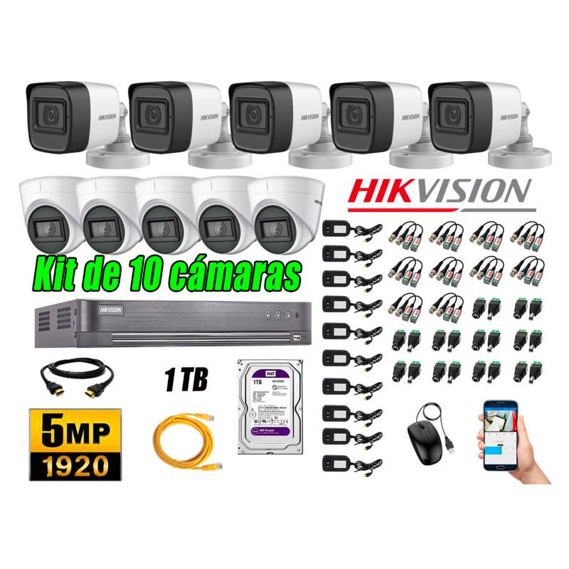 HIKVISION - Cámaras de Seguridad Kit 10 5MP + Disco 1TB CCTV