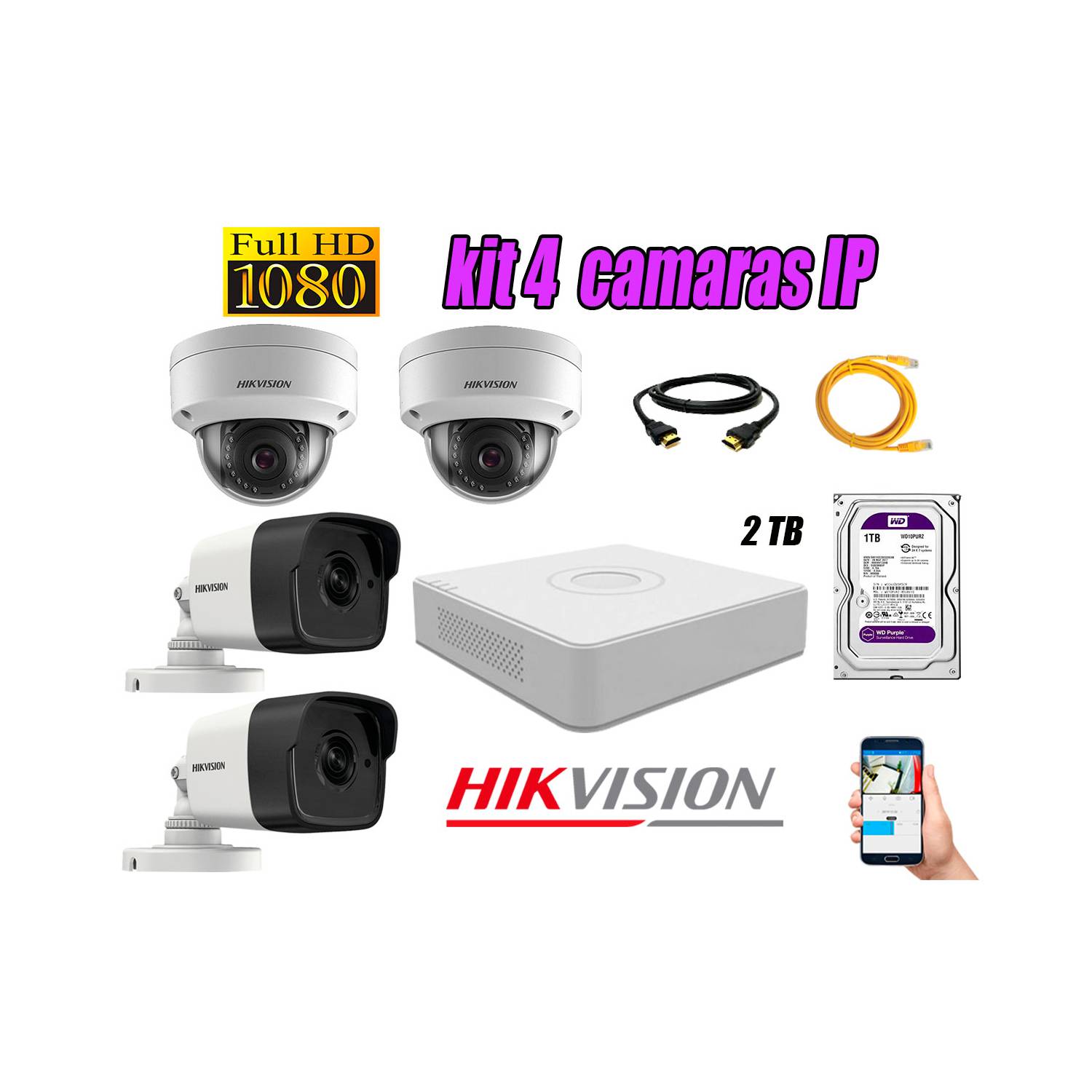 Camara de Seguridad Ip Poe Full HD 1080P Kit 4 Disco 2TB WD Purpura