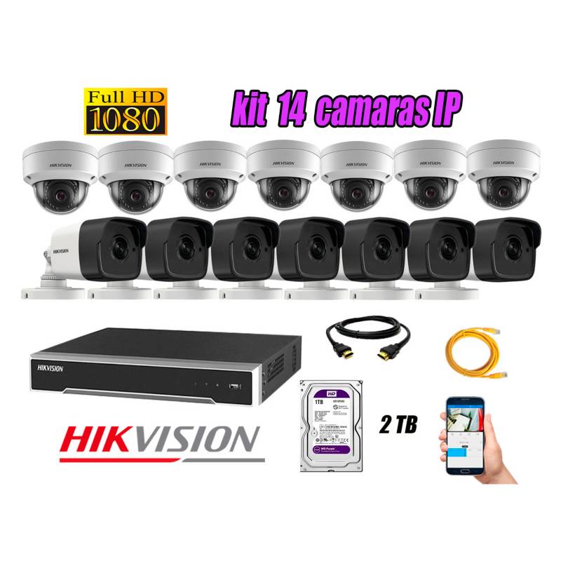 HIKVISION - Camara de Seguridad Ip Poe Full HD 1080P Kit 14 Disco 2TB WD Purpura
