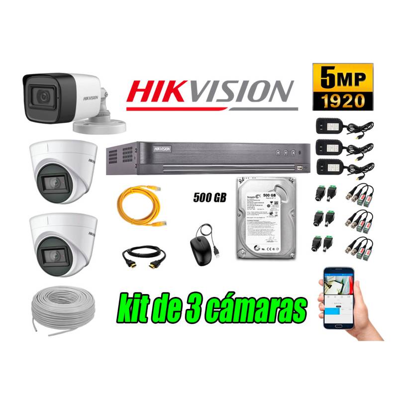HIKVISION - Cámaras de Seguridad Kit 3 5MP + Disco 500GB CCTV Completo
