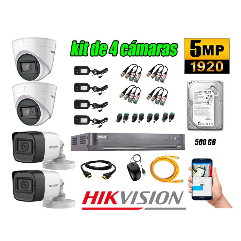 HIKVISION - Cámaras de Seguridad Kit 4 5MP + Disco 500GB CCTV
