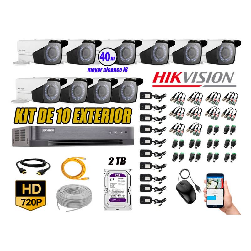 HIKVISION - Cámaras de Seguridad Exterior Varifocal Kit 10 HD 720P + Disco 2TB WD CCTV
