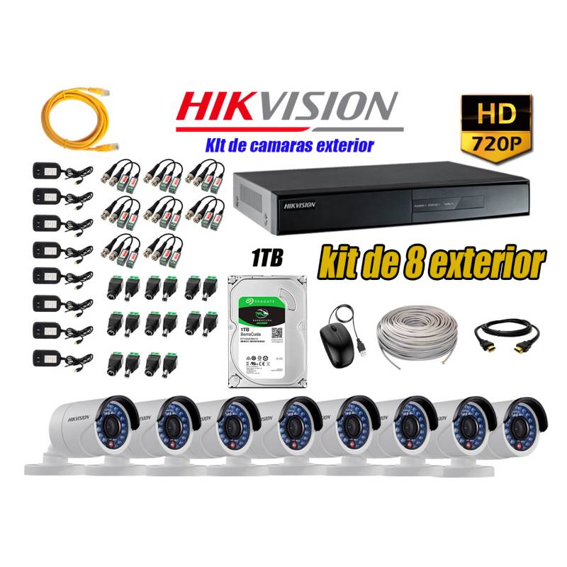 HIKVISION - Cámaras de Seguridad Exterior Kit 8 HD 720P + Disco 1TB WD CCTV P2P