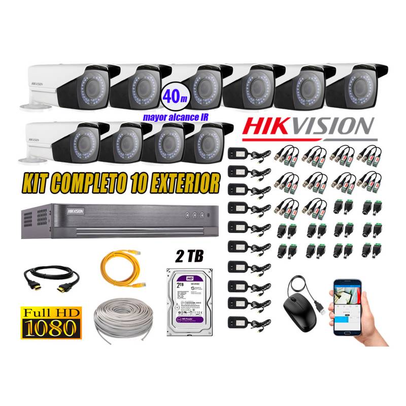 HIKVISION - Cámaras de Seguridad Exterior Varifocal Kit 10 Full HD 1080P + Disco 2TB WD CCTV P2P