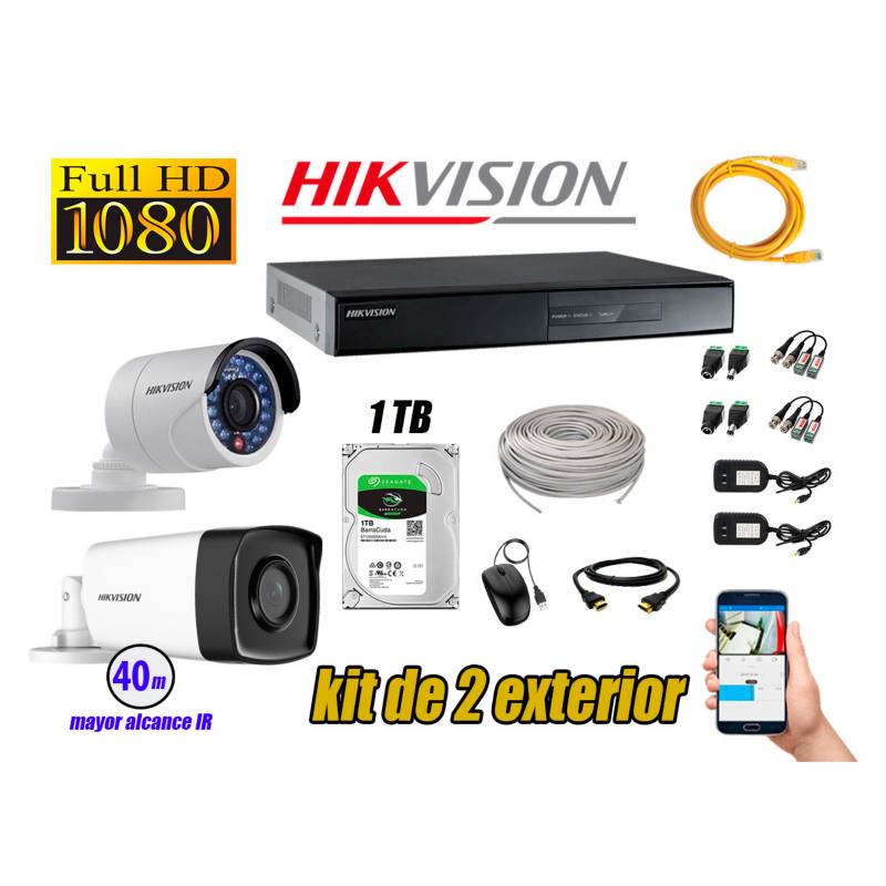 HIKVISION - Cámaras de Seguridad Exterior It3F Kit 2 Full HD 1080P + Disco 1TB WD CCTV P2P