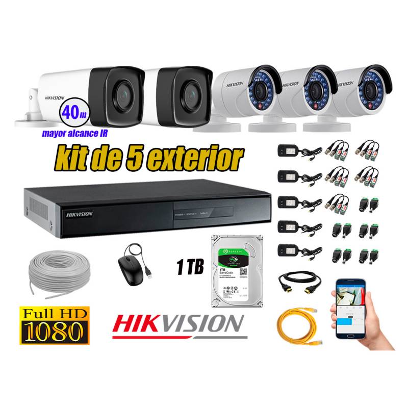HIKVISION - Cámaras de Seguridad Exterior It3F Kit 5 Full HD 1080P + Disco 1TB WD CCTV P2P KIT05-FHD-I2-F077