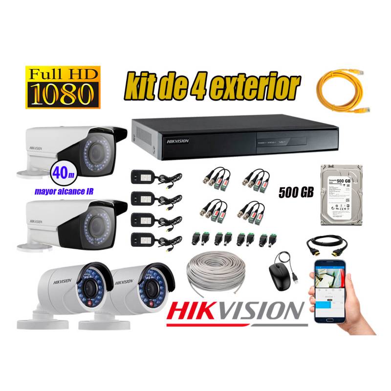 HIKVISION - Cámaras de Seguridad Exterior Varifocal Kit 4 Full HD 1080P + Disco 500GB P2P KIT04-FHD-V2-F097