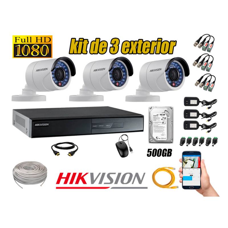 HIKVISION - Cámaras de Seguridad Exterior Kit 3 Full HD 1080P + Disco 500GB P2P